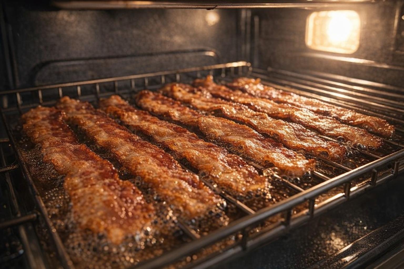 A medium shot of bacon baking in the oven, visible rack with bacon strips, oven light on, golden brown color developing, bubbling grease